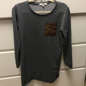 Grey dress with brown pocket and elbow patches