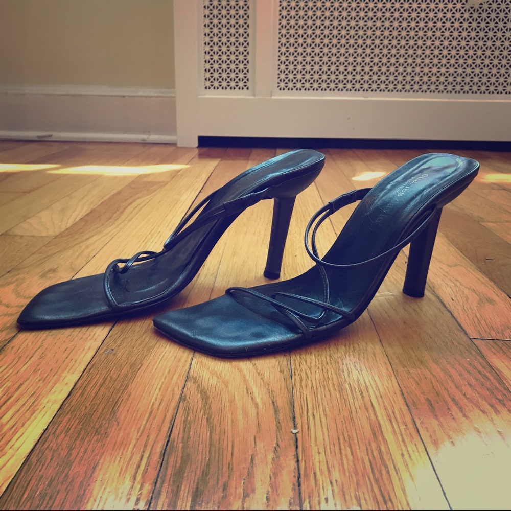 Gunmetal grey leather strappy minimalist stiletto