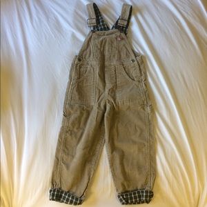 Tan Corduroy overalls with plaid inseam
