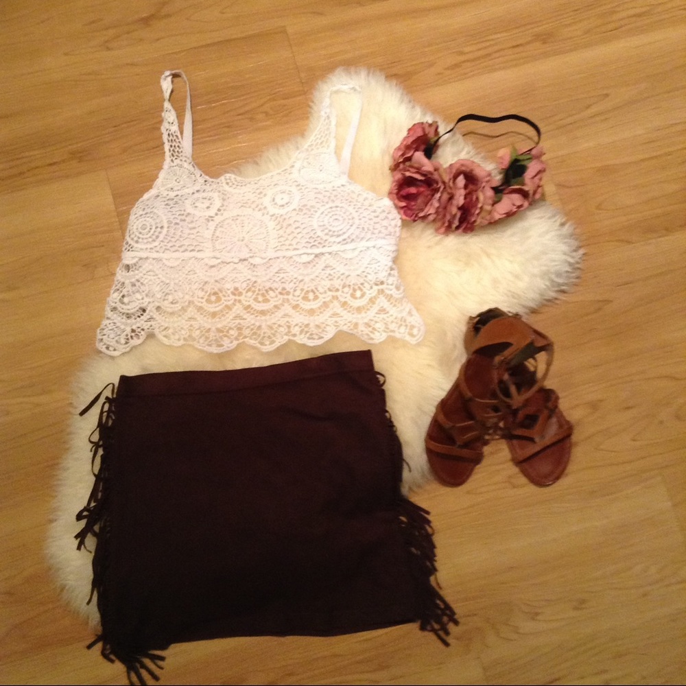 Brown faux suede fringe mini skirt