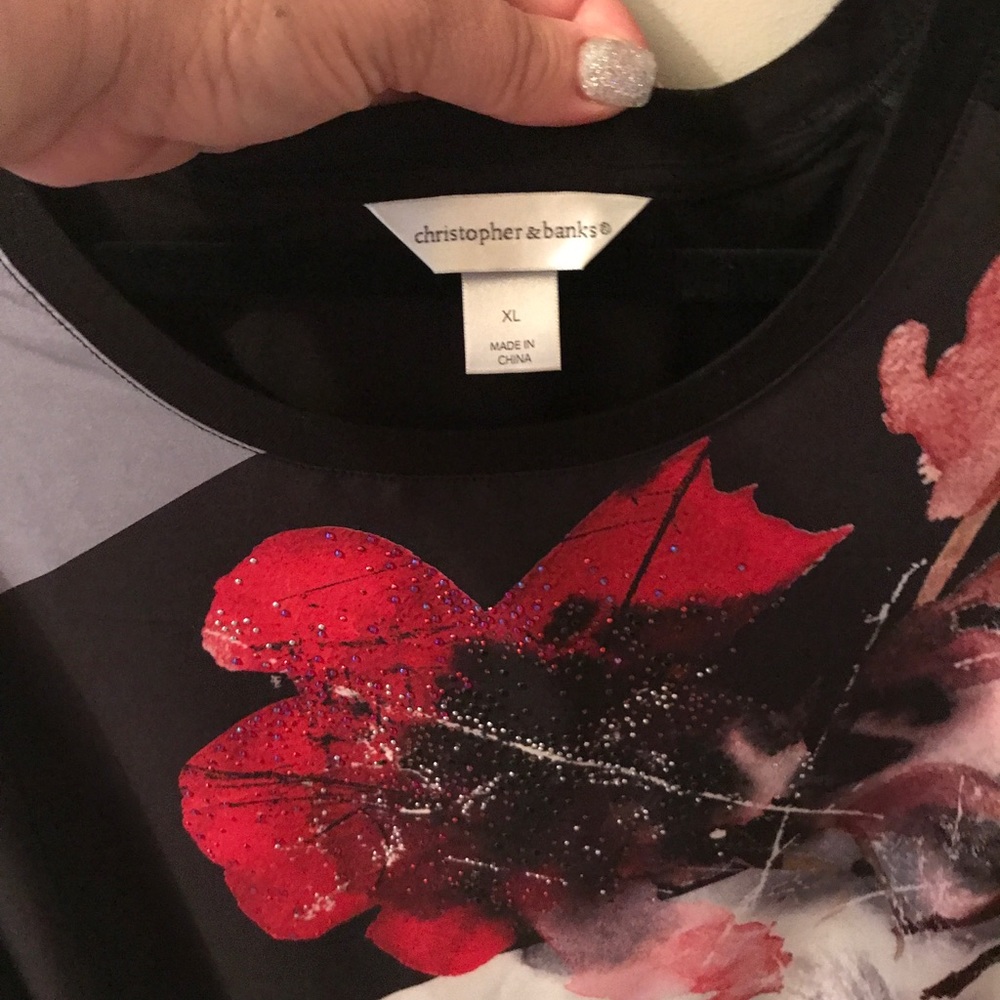 Soft black top with red, silver and white print