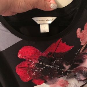 Soft black top with red, silver and white print