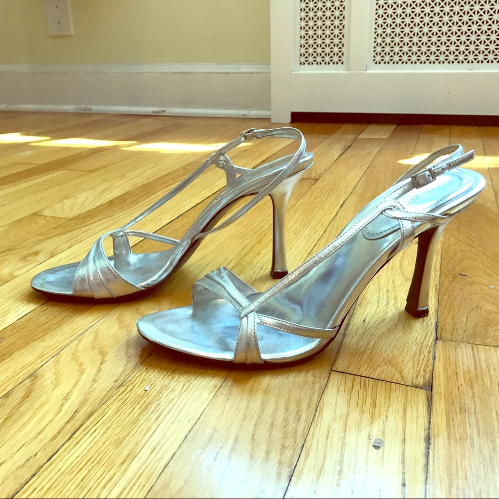 Strappy silver leather heels