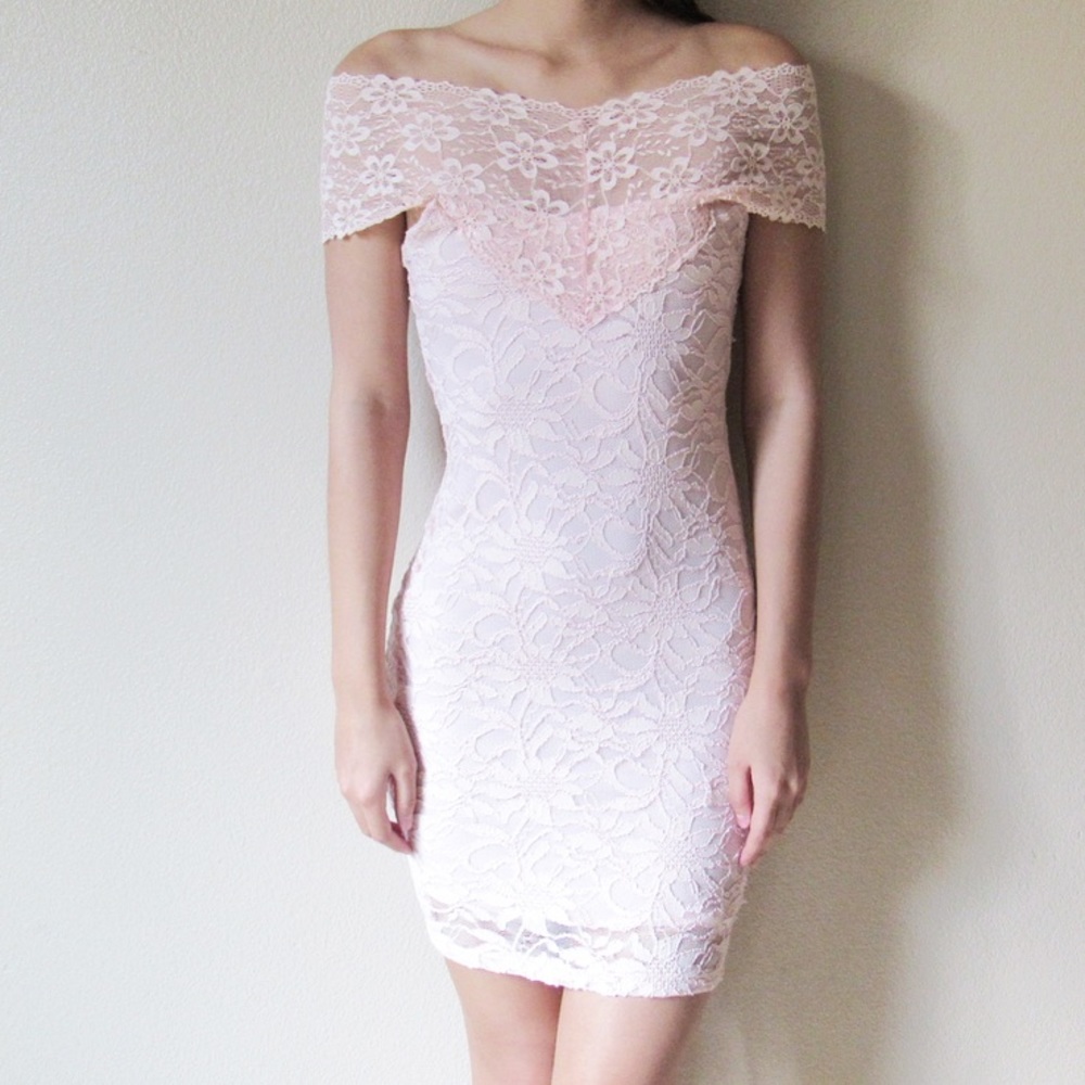 Baby Pink Lace Bodycon Dress - Picture 1 of 6