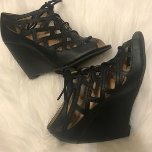Mia Cut Out Lace Up Black Wedges