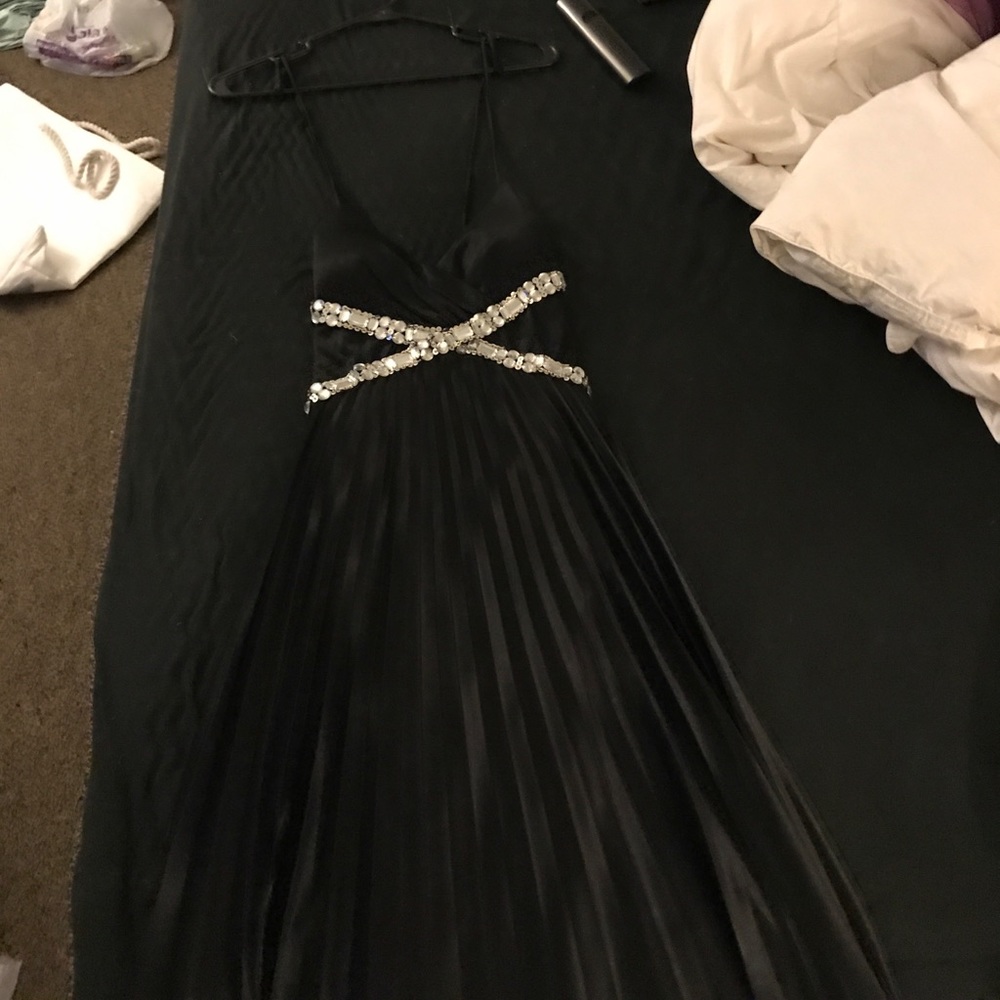 Black beaded lace up prom dress