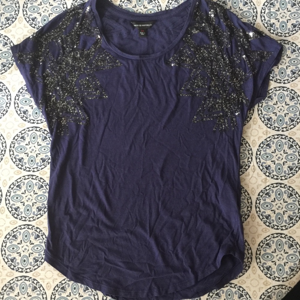 Rock and Republic Navy Top with Gunmetal Sequins