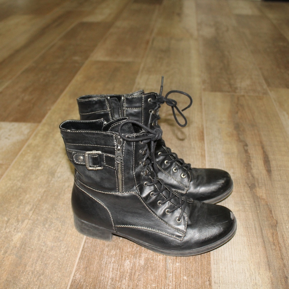 black faux leather g by guess combat boots!