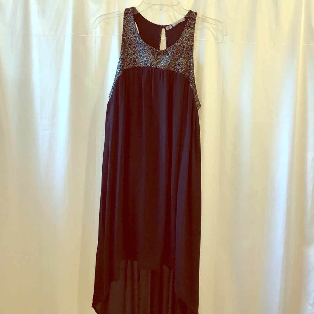 Gold sequined and black hi-low dress