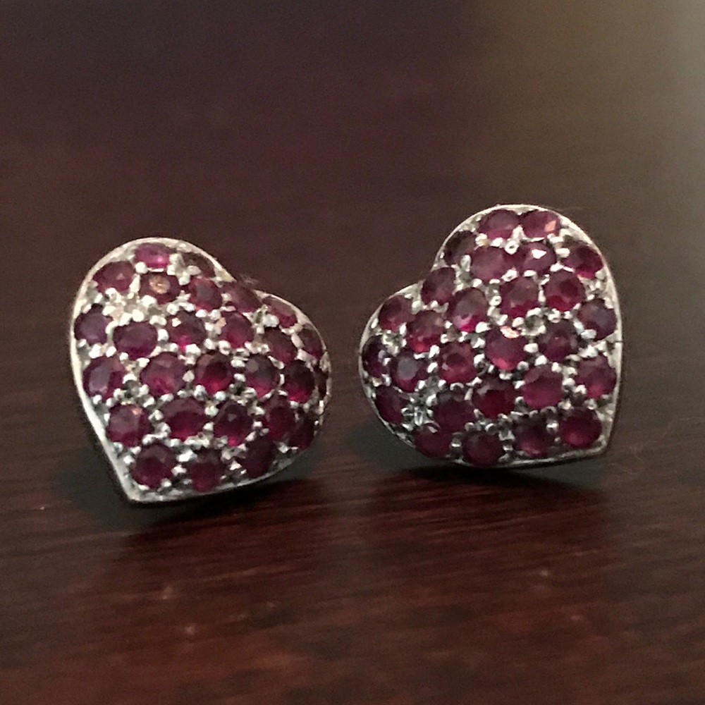 10k Gold Ruby Red Heart Shaped Pave Stud Earrings