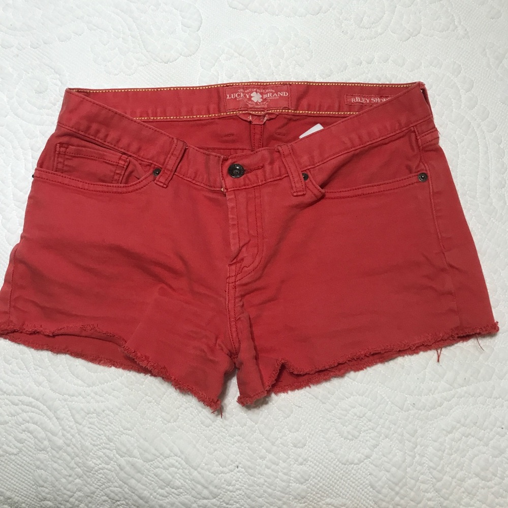 Red denim shorts