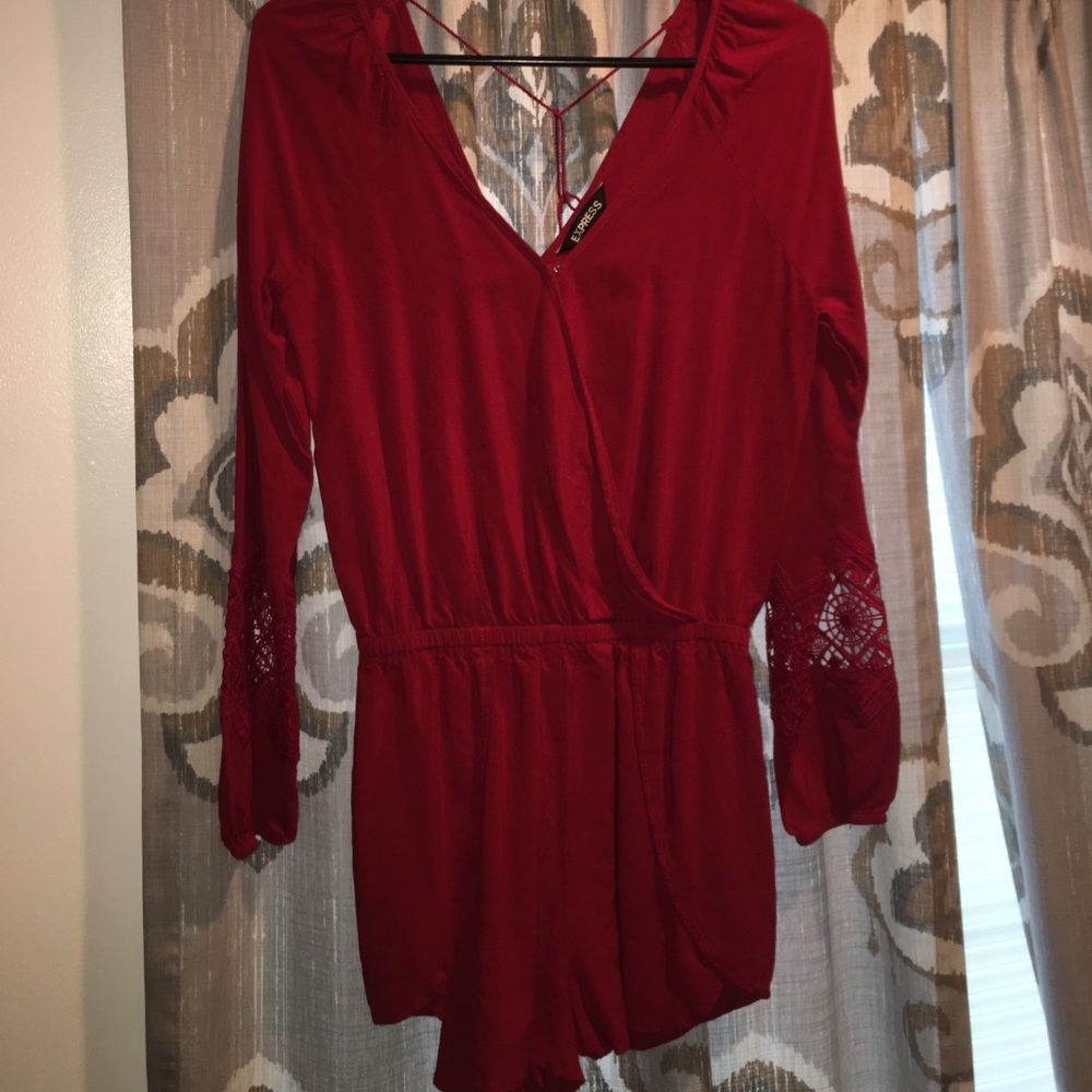 Express Red Wine Romper with Lace Detail on Arms