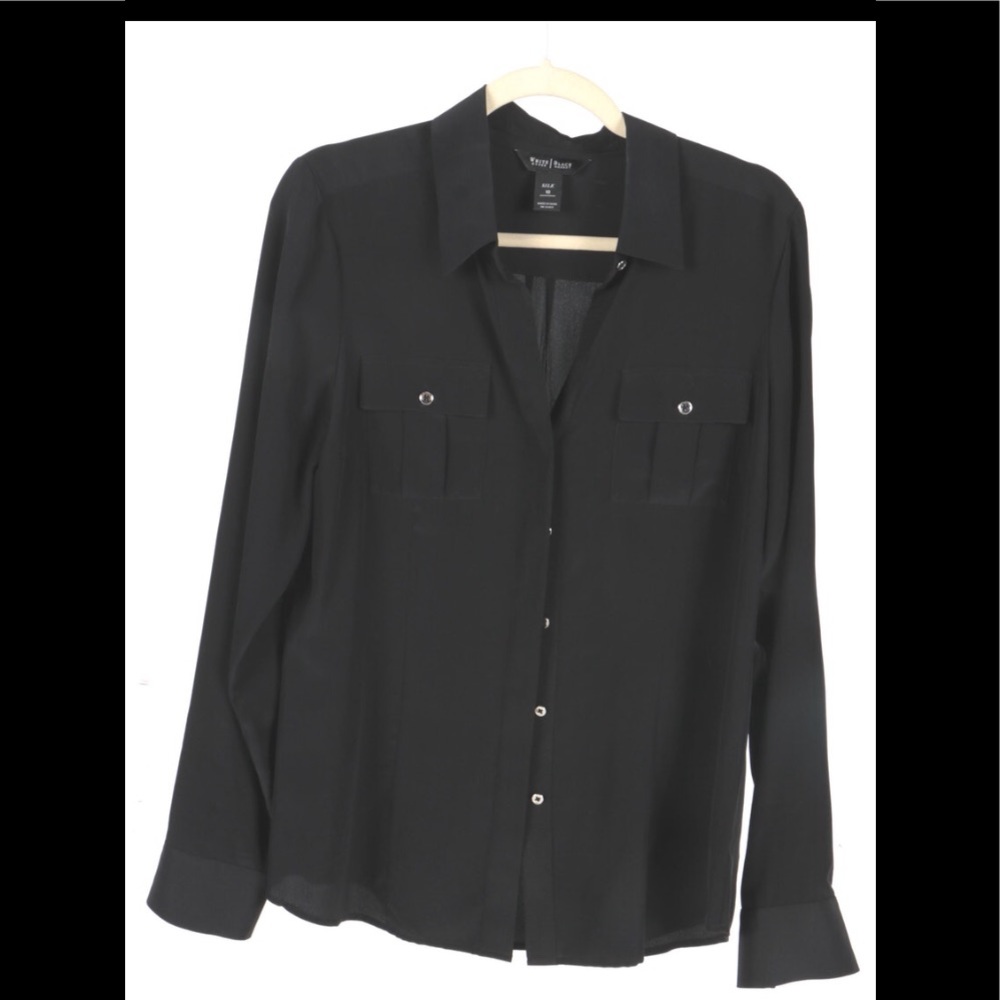 WHBM 100% Silk Black Button Down Pocket Shirt