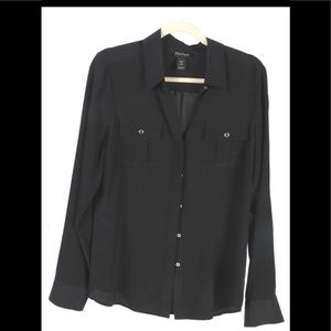 WHBM 100% Silk Black Button Down Pocket Shirt