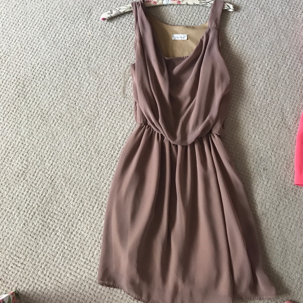 tan draped cocktail dress