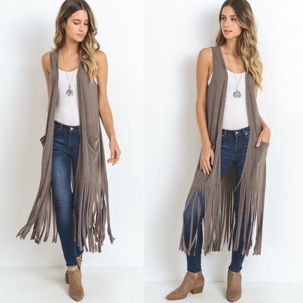 Mocha Long Body Vest With Fringe Hem - Picture 1 of 5