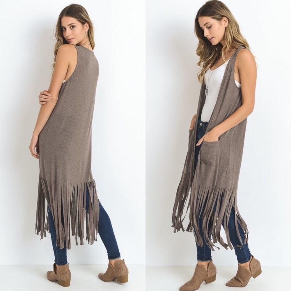 Mocha Long Body Vest With Fringe Hem - Picture 2 of 5