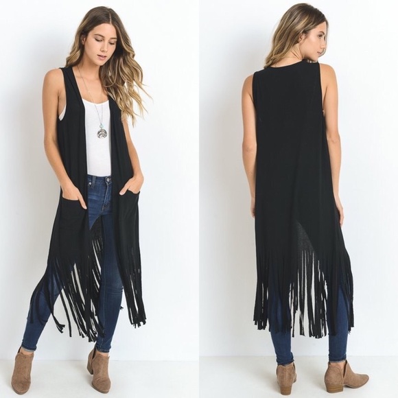 Mocha Long Body Vest With Fringe Hem - Picture 3 of 5