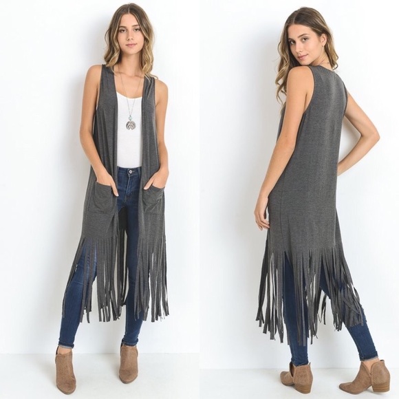 Mocha Long Body Vest With Fringe Hem - Picture 4 of 5