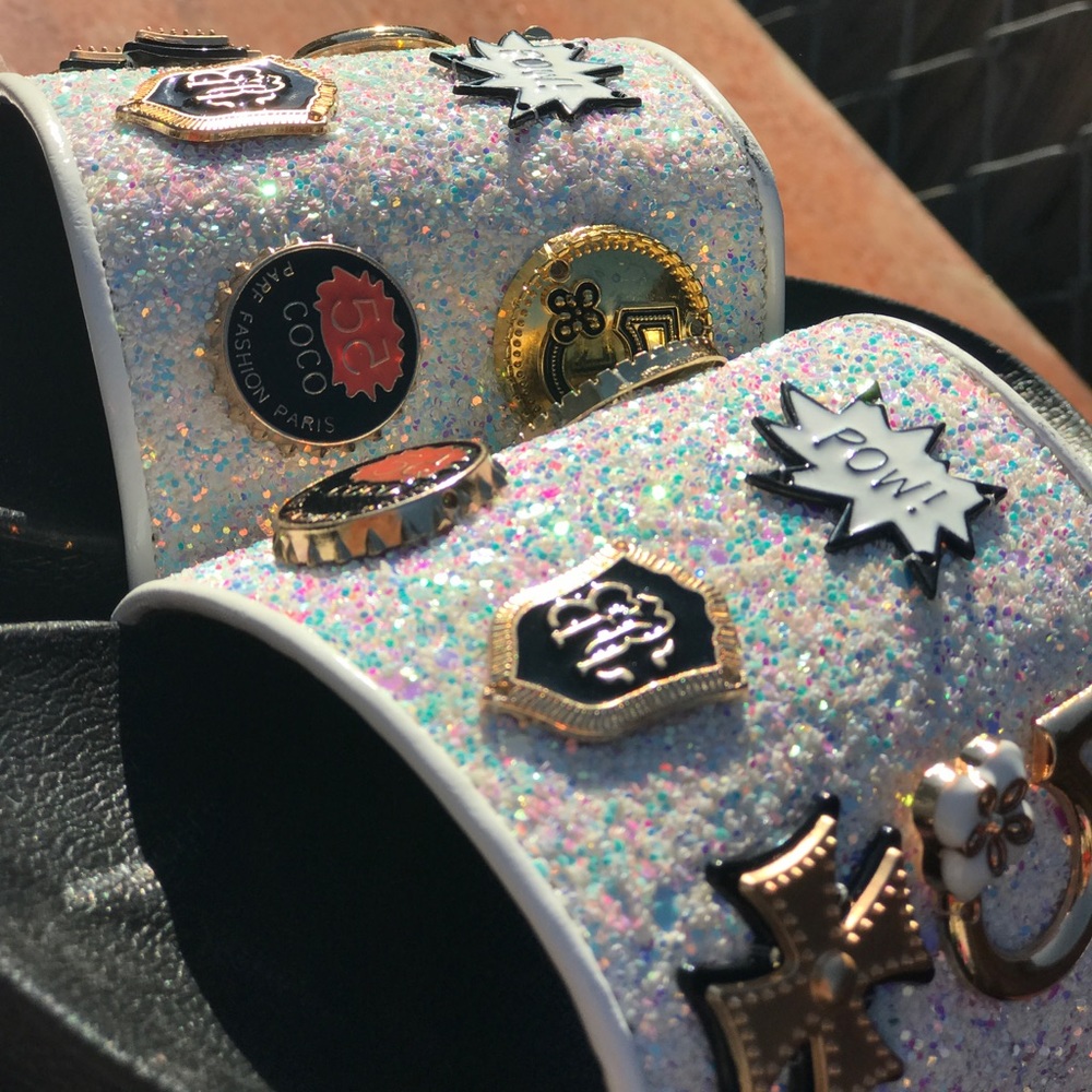*POW* White Studded Glitter slides - Picture 6 of 8