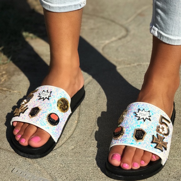 *POW* White Studded Glitter slides - Picture 2 of 8