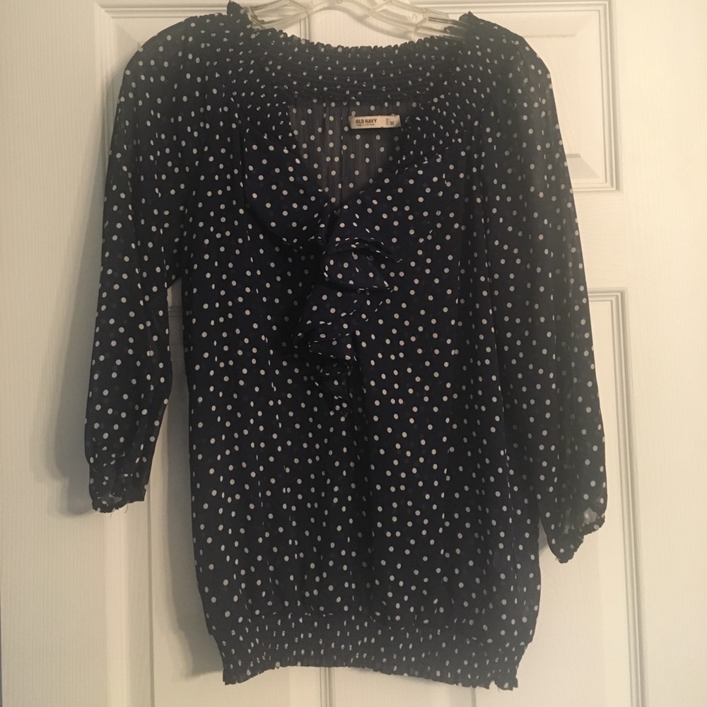 Navy Polka Dot Ruffle Blouse