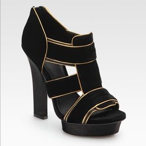 TORY BURCH BLACK VELVET TSTRAP, GOLD TRIM SANDALS