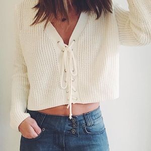 Lf cream lace up sweater size small NWT