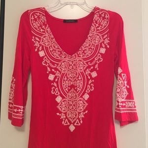 Red and White Printed Long Sleeve Stretch Dress