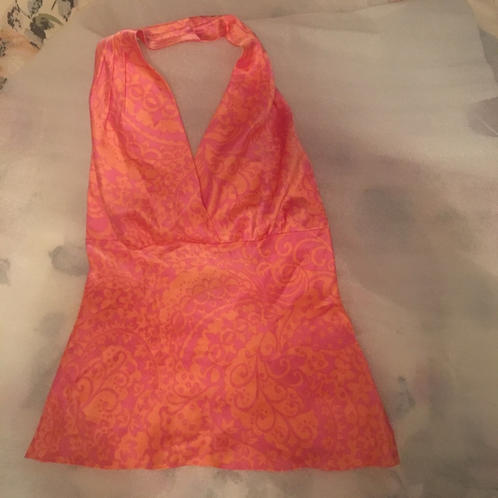 Silk halter top in coral and orange- Size small