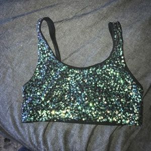 Grey material with colorful sequences top