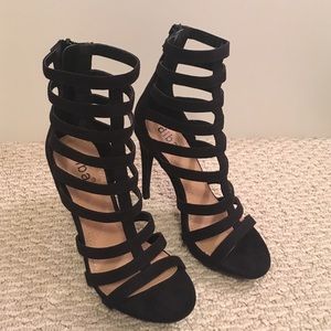 Black Faux Suede Caged Heels