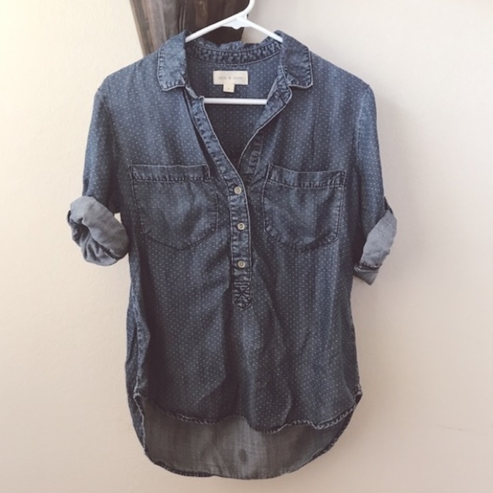 Anthropologie Polka dot chambray top.