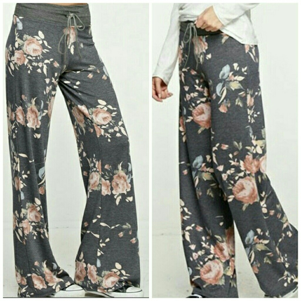 Floral print wide leg casual pants