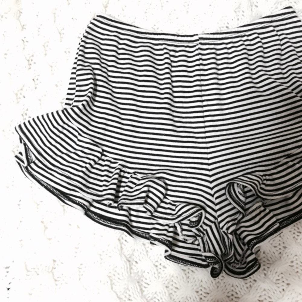 High-Rise Ruffle Black & White Stripe Shorts