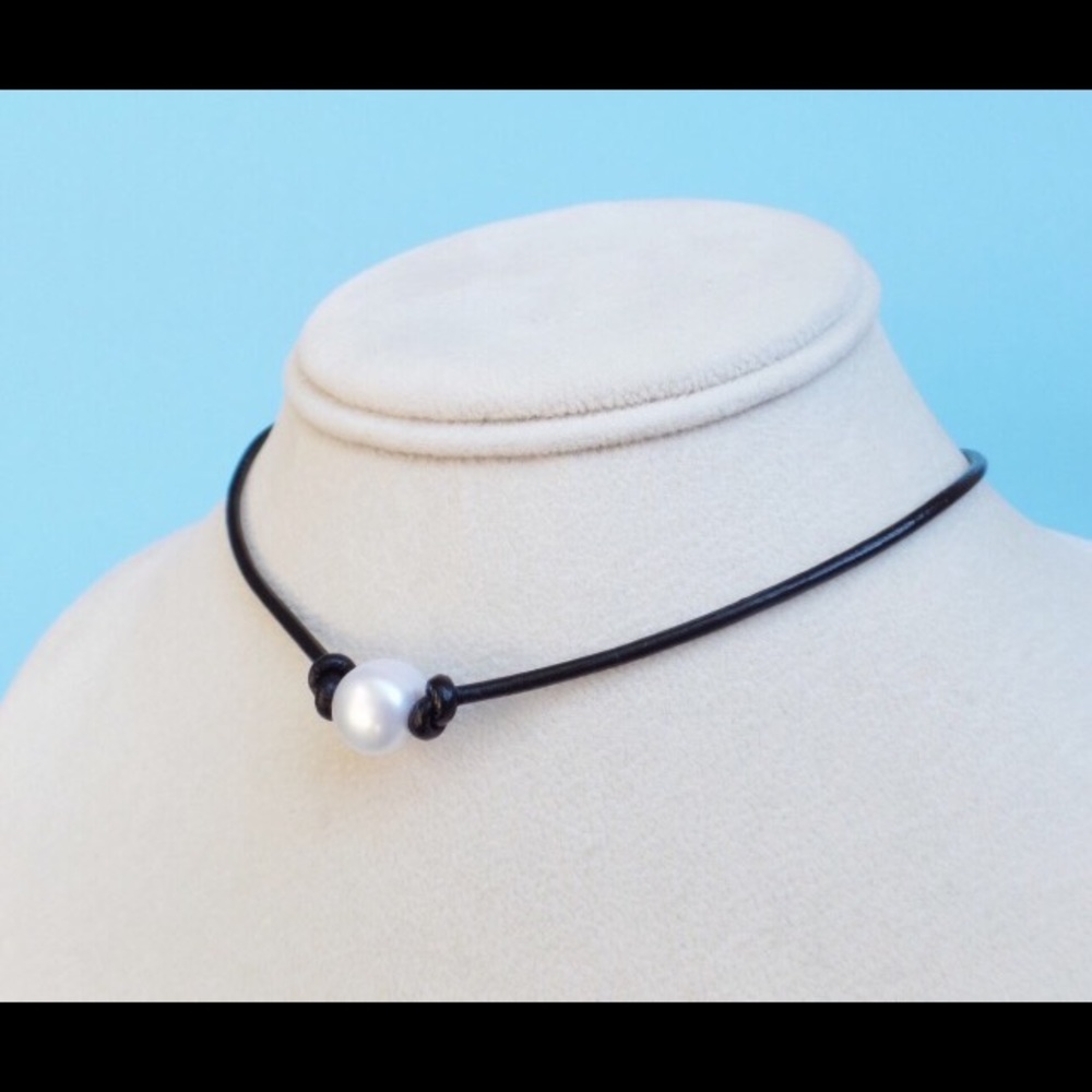 Leather boho pearl choker necklace - Picture 1 of 1