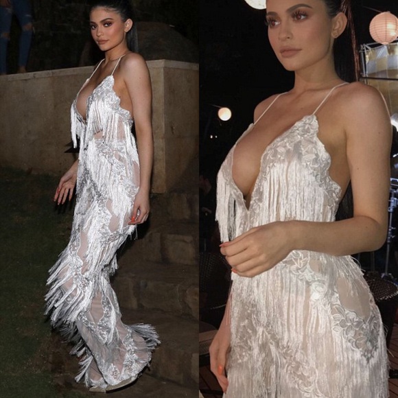 kylie jenner white fringe jumpsuit