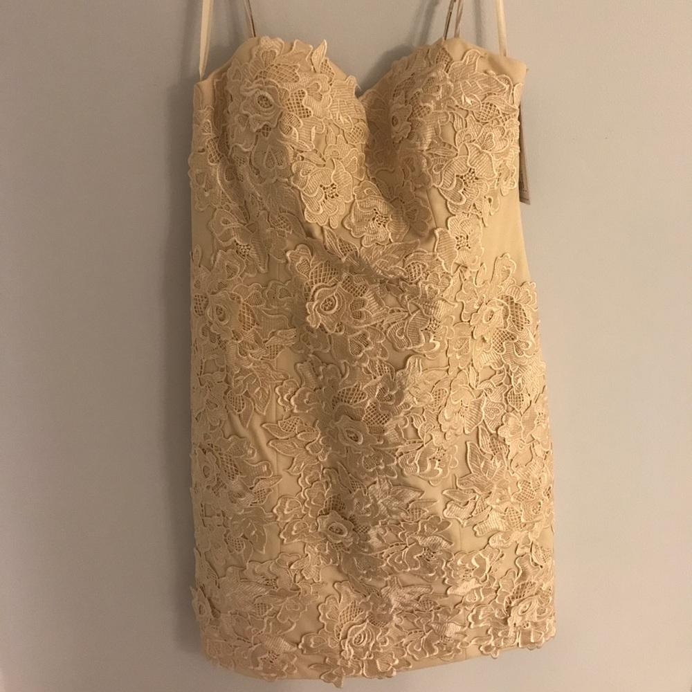 Cream Colored Flower Overlay Formal Dress