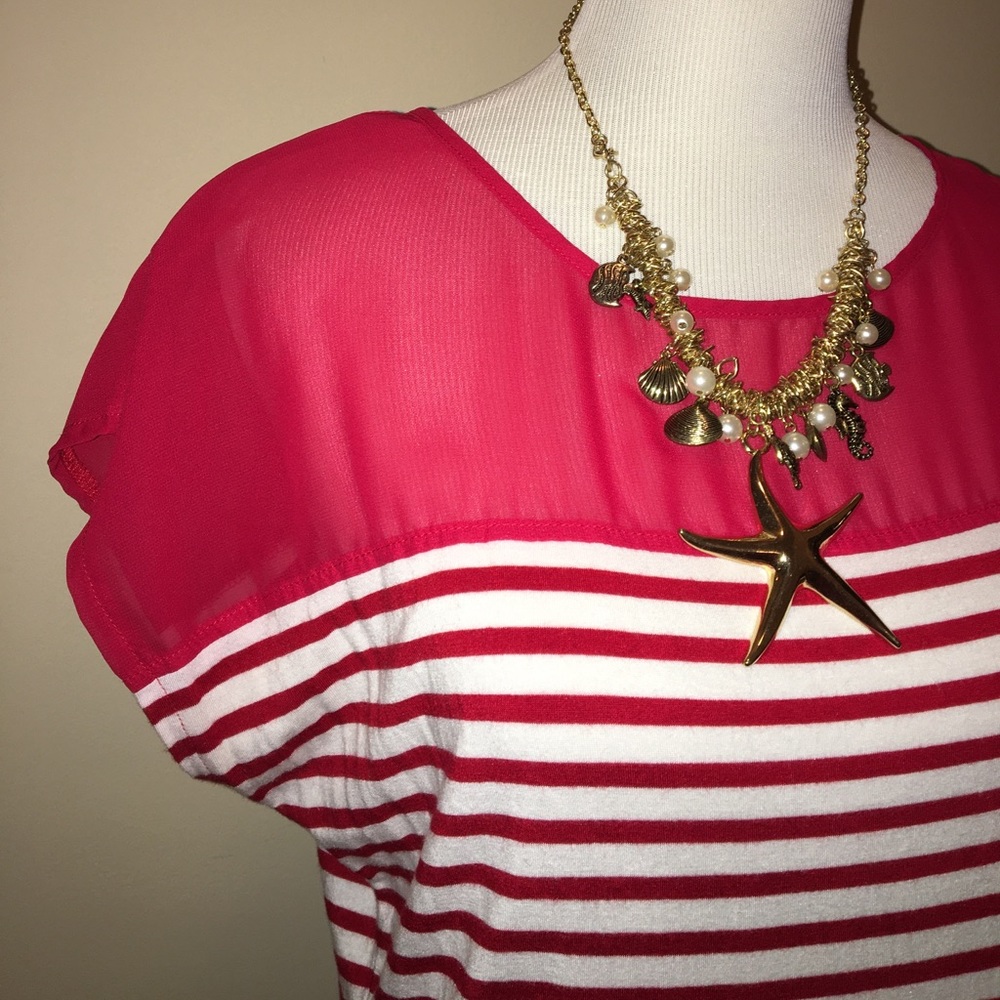 Red/white striped top with mesh shoulders