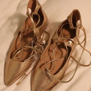 gold lace up flats