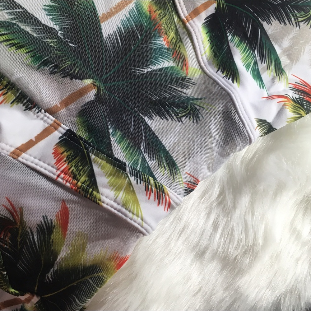 White palm tropical mesh one piece swimsuit - Picture 3 of 4