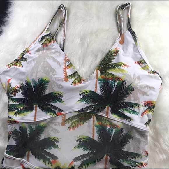 White palm tropical mesh one piece swimsuit - Picture 4 of 4