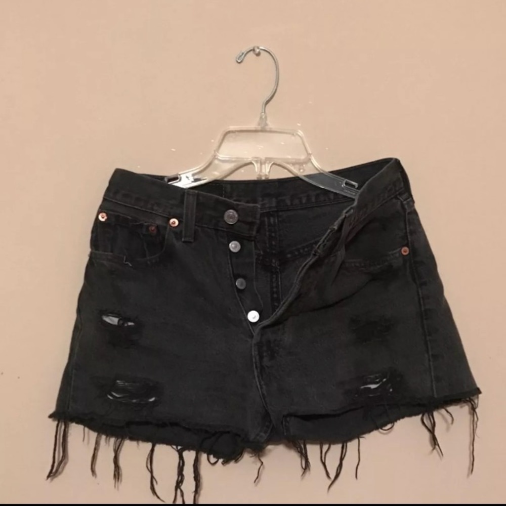 Distressed High Waisted Black Denim Shorts