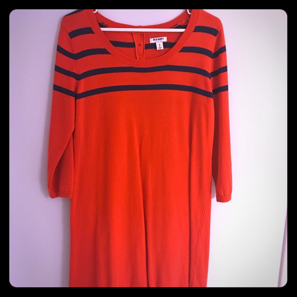 Red Sweater Dress with Navy Stripe