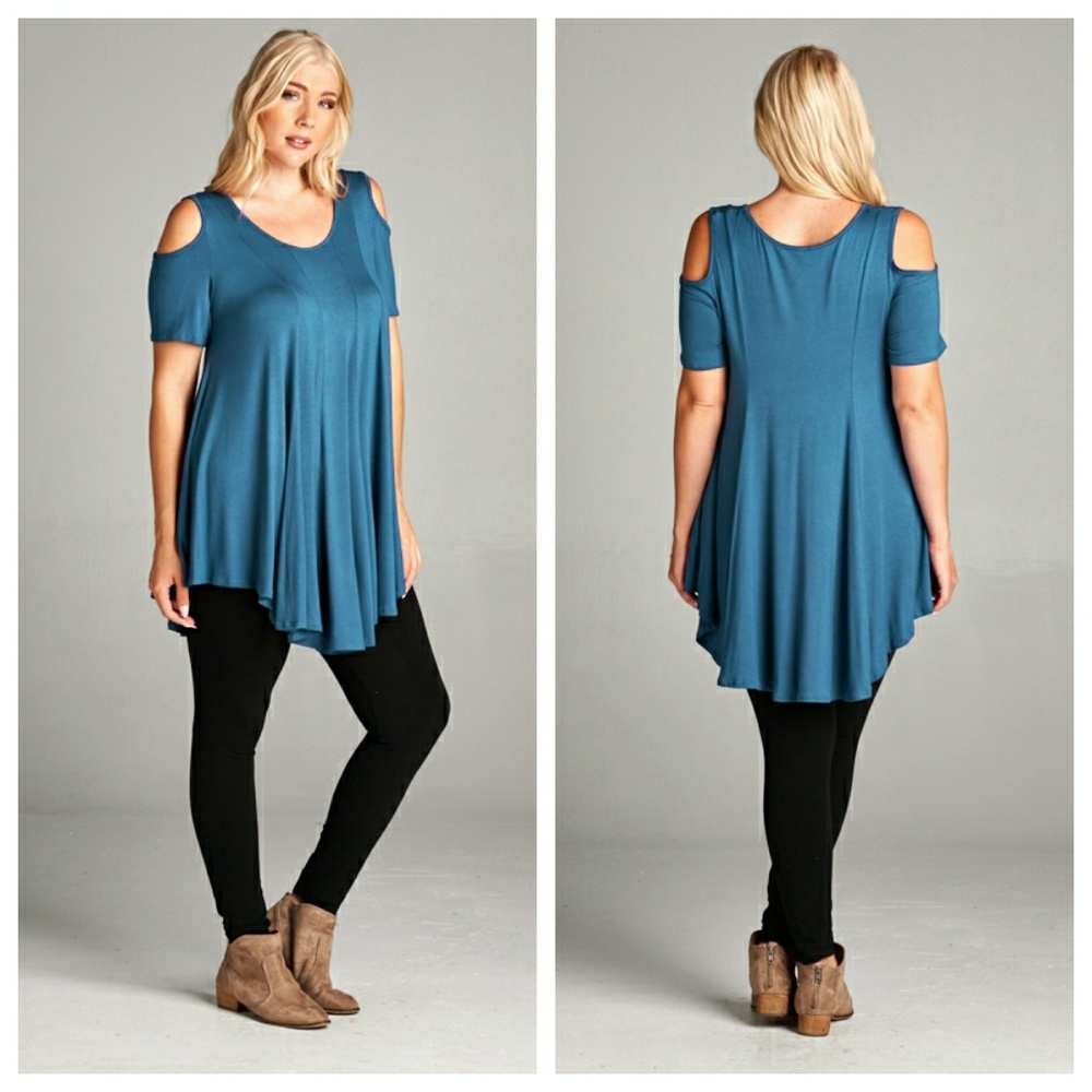 Blue Cold-Shoulder Scoop Neck Top