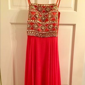 burnt orange A-line chiffon formal dress