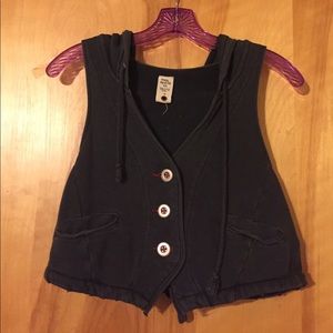 Free people distressed button up vest with hood