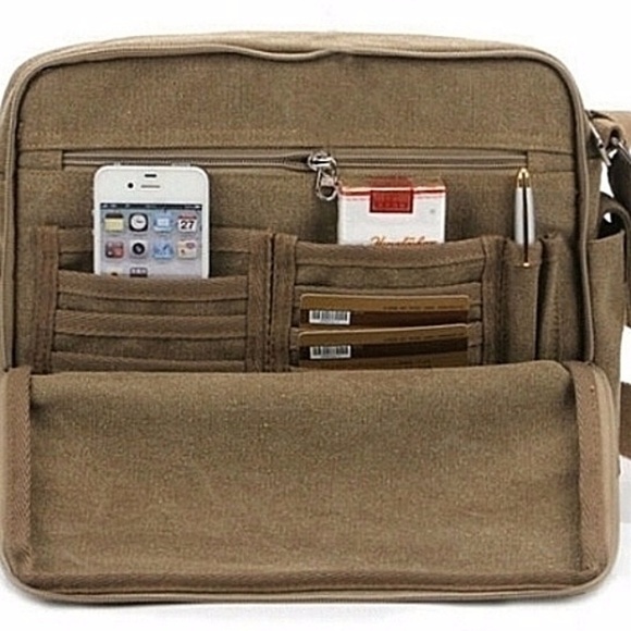 Olive Green Canvas Messenger Bag Laptop Shoulder Bag Durable Crossbody for Men - Picture 3 of 13