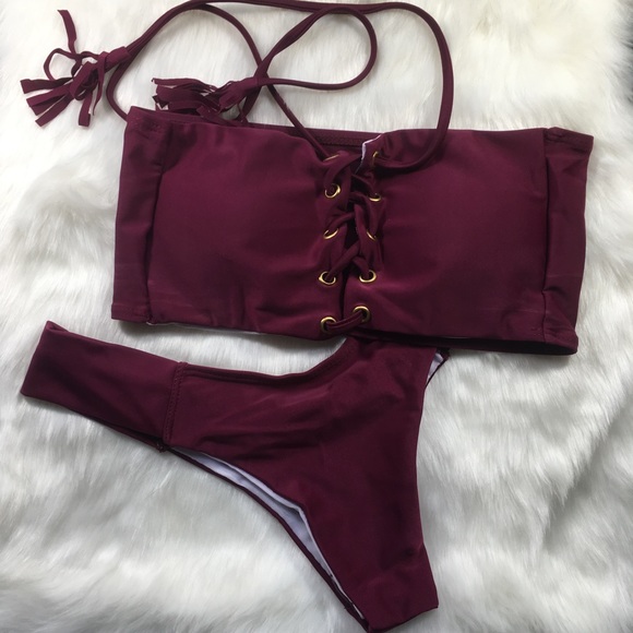 Other - BOGO 50% OFF ❤️ Maroon wine lace up bandeau bikini