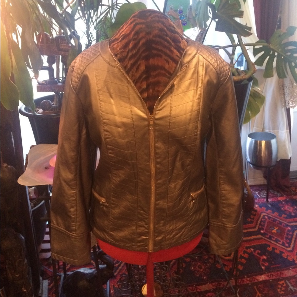 Non-leather bronze metallic zipped sporty jacket.
